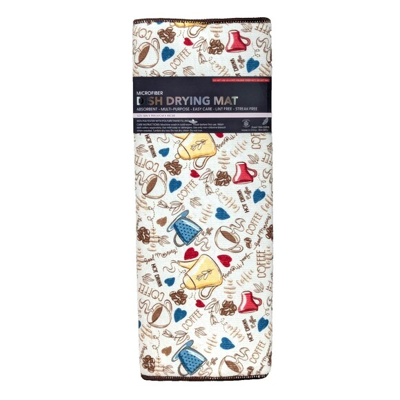 Coffee Pot and Cups Dish Drying Mat Reversible to Brown Farmhouse Barista Gift - Picture 2 of 5